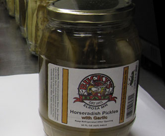Sealed jar of Bucky's Pickles Horseradish Pickles with Garlic
